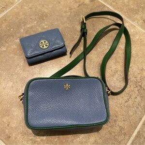 Tory Burch Blue and Green Colorblock Crossbody Bag with matching wallet